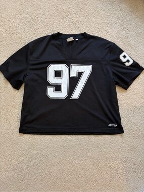 Aritzia Black Mesh Jersey Top with White Logo Tag